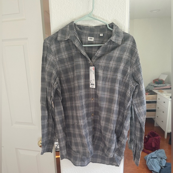NWT Uniqlo Flannel Checked Long Sleeve Shirt Grey - Picture 1 of 4